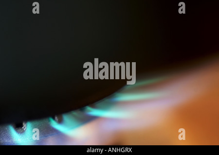 Nahaufnahme der blauen Flamme von einem Gasbrenner. Der Küchenherd brennt. Energiekostenkrisenkonzept. Flammenleuchtende Details abstrakter schwarzer Hintergrund Stockfoto