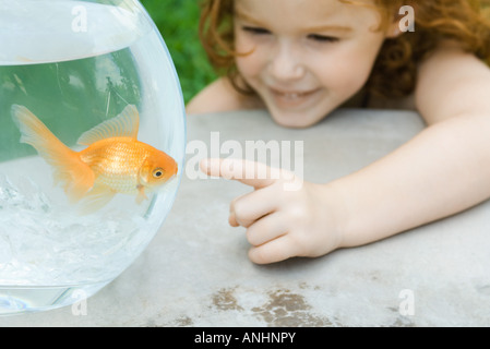 Mädchen auf Fisch im Goldfischglas Stockfoto