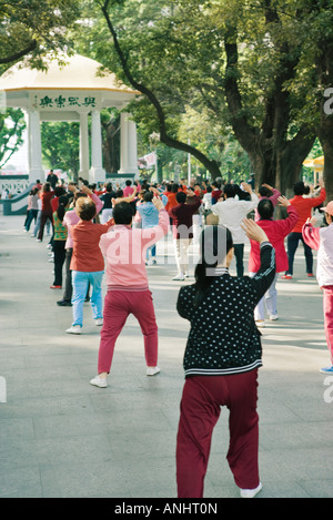 China, große Gruppe von Erwachsenen tun, Tai Chi Chuan in Stadtplatz, Rückansicht Stockfoto