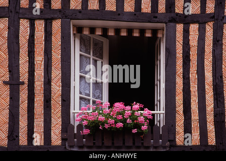 Fachwerkhaus Frankreich, Normandie, Calvados, Cote Fleurie, Pays d'Auge. Architektur colombage. Fensterhäuser in Fachwerkhäusern. Mauerwerk Stockfoto