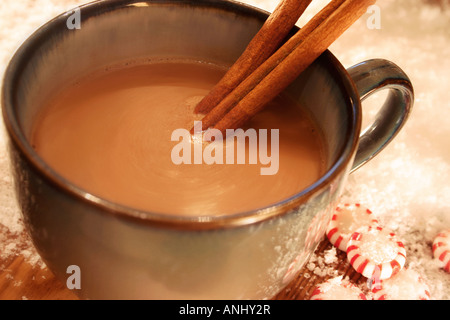 Eine Tasse gerührt heiße Schokolade mit Zimtstangen, auf einem Tisch mit Schnee und Starlight Münzstätten Stockfoto