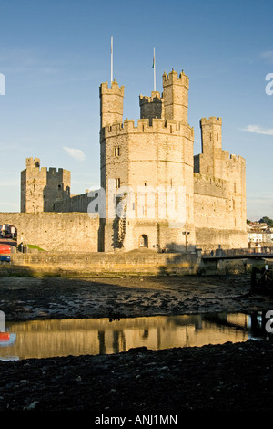 Untergehenden Sonne Spiegeln an den Wänden von Caernarfon Castle, North Wales Stockfoto