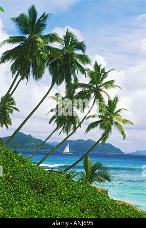 Segeln im Indischen Ozean vor der Insel La Digue auf den Seychellen Stockfoto