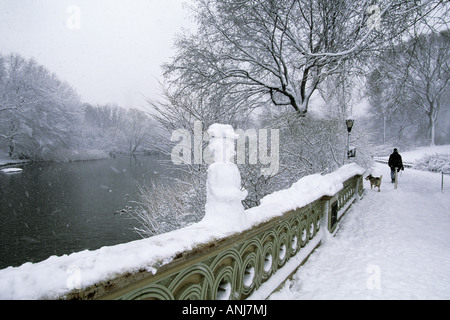 New York Central Park Schneemann auf Bow Bridge. Tiefschnee, Nebel und Eis an einem Wintertag in New York City. Mann, der mit einem Hund über die Brücke läuft. Stockfoto