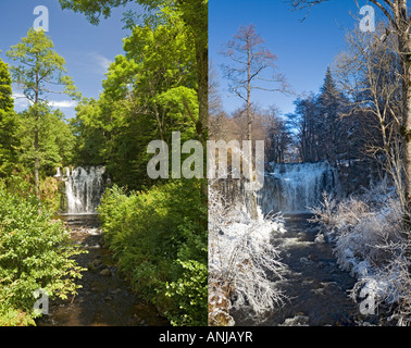 Im Sommer und Winter, die "Bois de Chaux" Kaskade bei Entraigues, La cascade du Bois de Chaux À Entraigues, En Été et En Hiver. Stockfoto