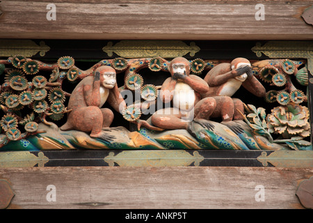 Die berühmten 17. Jahrhundert Schnitzen der Drei Affen im Nikko Toshogu Schrein, Nikko, Japan Stockfoto