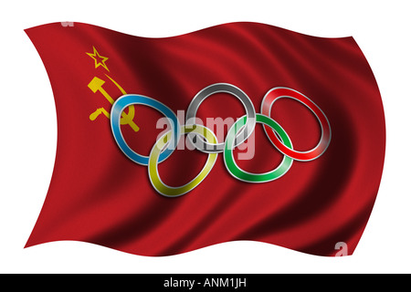 Flagge der Sowjetunion mit Olympia-symbol Stockfoto