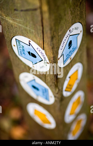 Wanderweg-Zeichen zu einem Wegweiser-Post auf die Cotswold Weg, Gloucestershire, UK Stockfoto