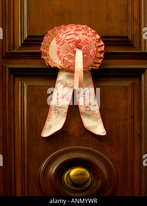 Rosa Rosette Band traditionell an der Eingangstür, die Ankündigung der Geburt von einem Babymädchen geboren, um den Haushalt gebucht. Stockfoto