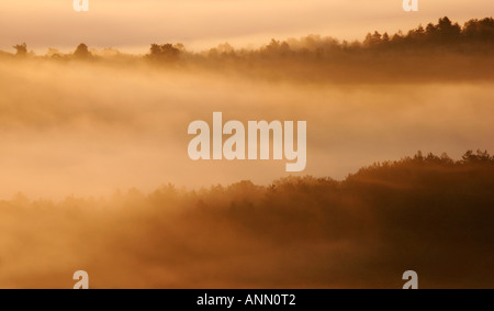 Warmes Sonnenlicht am frühen Morgen über eine neblige Tal im Südwesten Frankreich Stockfoto