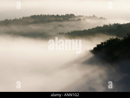 Malerische Aussicht auf frühen Morgennebel in das Lot-Tal, Süd-west Frankreich Stockfoto