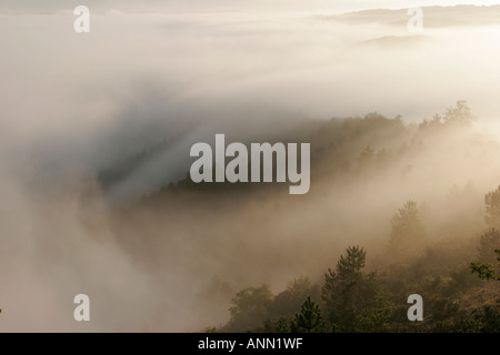 Dramatische frühmorgens Landschaft mit Licht auf Nebel bedeckt Talhängen Stockfoto