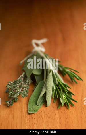 Bouquet Garni von frischen Kräutern, Rosmarin Thymian Salbei und Lorbeer Stockfoto