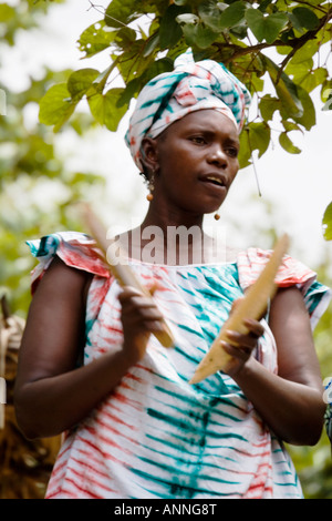 Tänzer vom Stamm Jola für Touristen am Makasutu Kultur Wald in Gambia, Westafrika Stockfoto