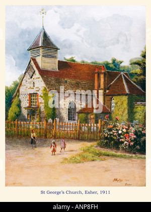 Str. Georges Kirche Esher 1911 Aquarell der Kirche aus dem 16. Jahrhundert im Dorf North Surrey Stockfoto