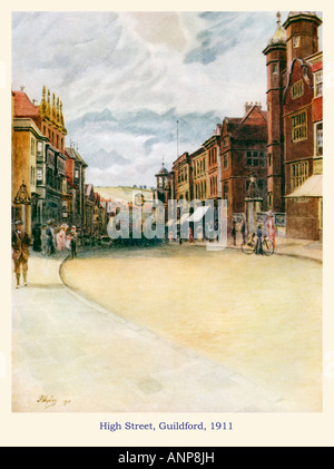 High Street Guildford 1911 Aquarell der Ansicht auf der Hauptstraße der Stadt Surrey County Stockfoto