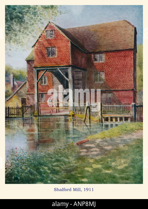 Aquarell, Shalford Mühle 1911 die Wassermühle aus dem 18. Jahrhundert auf dem Fluß Tillingbourne im Surrey Dorf Stockfoto