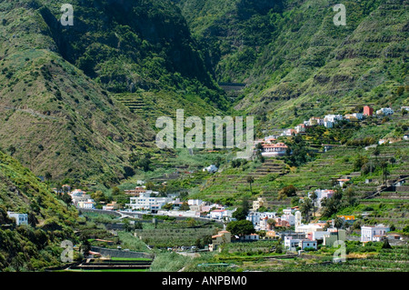Insel La Gomera, Kanarische Inseln, Spanien. Hermigua Dorf im Tal von Hermigua an der Nordküste Stockfoto