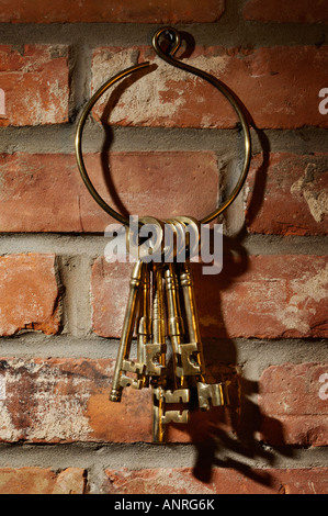 Bund der alten Messing Skelett Schlüssel an die Wand hängen Stockfoto