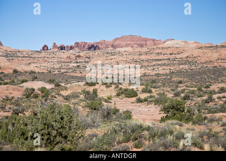 Versteinerten Dünen im Arches National Park in Utah, USA - Garten Eden im Hintergrund Stockfoto