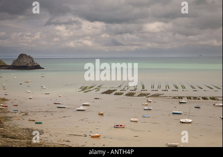 Austernbänke und Strand bei Ebbe Cancale Brittany France Stockfoto