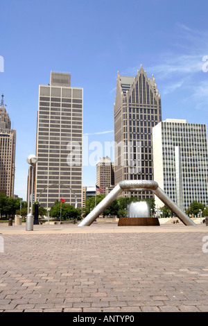 Die Riverfront-Brunnen in der Hart Plaza Detroit Michigan MI Stockfoto