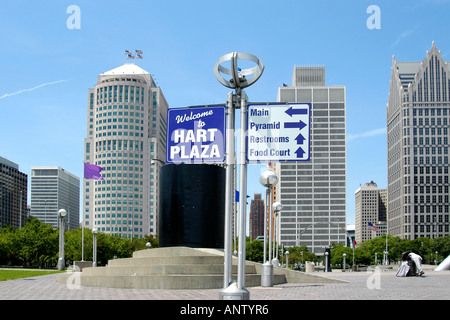 Der Hart Plaza Wegweiser in Detroit Michigan MI Stockfoto