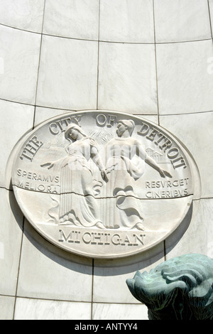 Der Staat Dichtungen von Detroit auf die Coleman A Young Municiple center Detroit Michigan MI Stockfoto