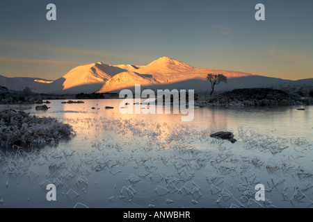 Winter auf Rannoch Moor, Blick man keine Achlaise auf den Gipfel des Blackmount-Gebirges, Glencoe, Lochaber, Schottland. Stockfoto