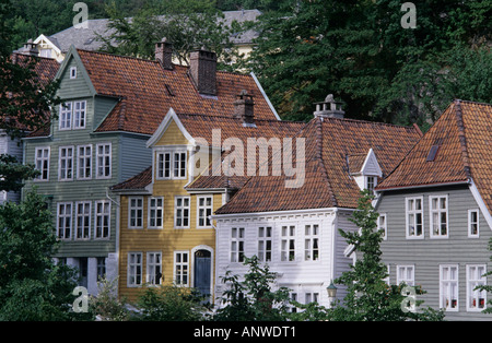 Alte Holzhäuser im Freilichtmuseum Gamle Bergen, Bergen, Norwegen Stockfoto