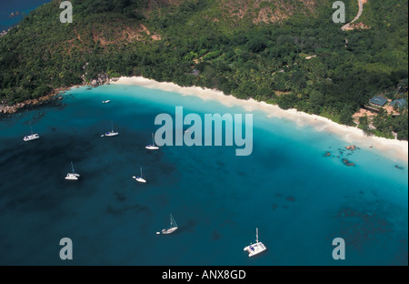 Seychellen-Insel Praslin. Anse Lazio, Luftbild Stockfoto