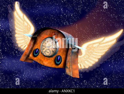 Zeit, alte altmodische Uhr mit Flügeln fliegen durch den Raum, die abstrakte Foto Illustration Konzept Zeit fliegt fliegen Stockfoto