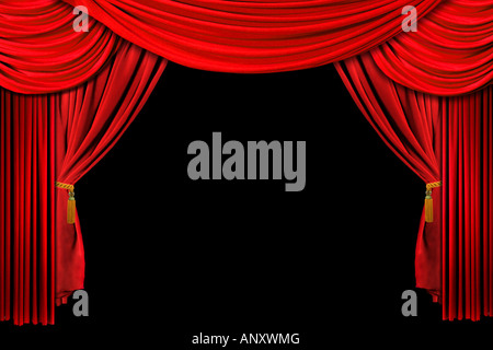 Bright Red Stage Theater drapiert Vorhang Hintergrund auf schwarz Stockfoto