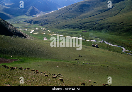 Kirgisistan, Tash Rabat Tal. Fluss und alten Karawanserei. Die Karawanserei Tasch-Rabat wurde im 15. Jahrhundert errichtet. Stockfoto