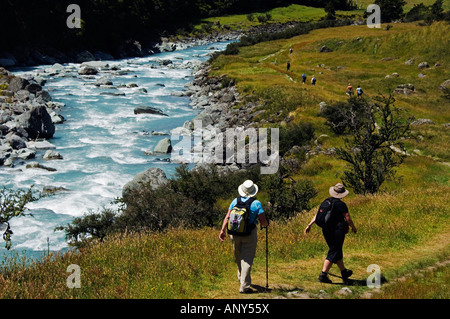 Neuseeland, Südinsel, Mount Aspiring National Park. Wanderer auf dem Rob Roy Gletscher Wanderweg. Stockfoto