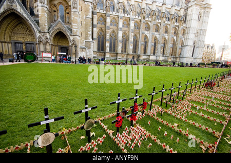 Mohnfeld außerhalb Westminster Abbey am Volkstrauertag, Kreuz Krieg tot London zu gedenken Stockfoto