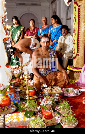 Traditionelle hinduistische Hochzeitszeremonie auf einer kunstvollen Bühne mit einem Priester, der heilige Rituale für die Braut und den Bräutigam Sri Lanka Ceylon vorführt. Stockfoto