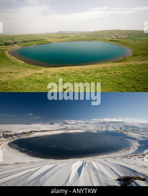 Zwei Schüsse auf den Godivelle See: im Sommer und Winter (Frankreich). Deux Vues du Lac De La Godivelle: En Été et Hiver (Frankreich). Stockfoto