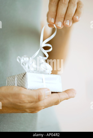 Mann Übergabe Frau Geschenk, close-up der Hände Stockfoto