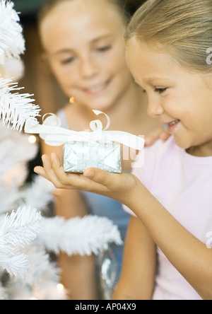 Mädchen halten vorhanden neben Weihnachtsbaum, Schwester beobachten Stockfoto