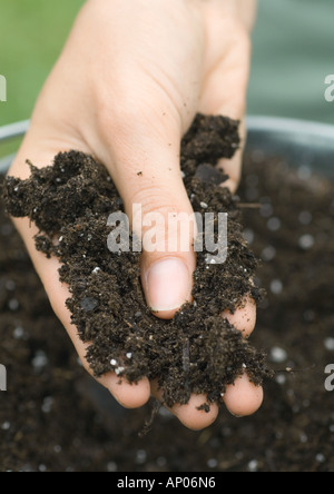 Hand mit Blumenerde Stockfoto