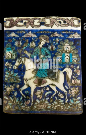 Iran Schah Hoseins 1880 Fliesen Keramik Keramik Pferd Hengst Reiten Reiter Mann Sattel 19 Jahrhundert overglazed Polychrom bemalte Ware b Stockfoto