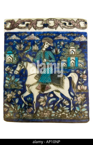 Iran Schah Hoseins 1880 Fliesen Keramik Keramik Pferd Hengst Reiten Reiter Mann Sattel 19 Jahrhundert overglazed Polychrom bemalte Ware b Stockfoto