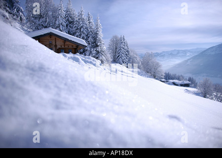 Holzhütte im Schnee, Nieding, Brixen Im Thale, Tirol, Österreich Stockfoto