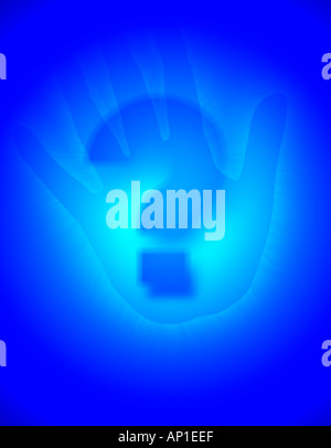 Fragezeichen mit geheimnisvollen blauen Licht und hand Stockfoto