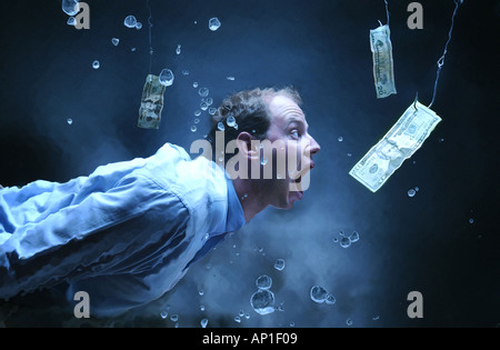 "Business-Humor" Konzept Mann tauchen nach Geld am Angelhaken. Sauger-Angebote. "Hohe" Zinsgutschrift. Stockfoto