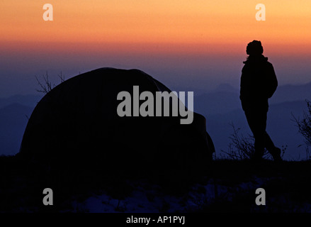 Zelt und TREKKER mit einer Himalaya Sonnenuntergang ANNAPURNA REGION zentral-NEPAL Stockfoto