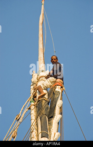 Nubische Besatzungsmitglied den Mast furls das Segel auf einer Feluke, Nil, Assuan, Ägypten, Naher Osten. DSC 4375 Stockfoto