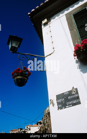 Straßenlaterne und Blumenampel, Rua Nossa Senhora Da Conceição, Camara de Lobos, Madeira Stockfoto