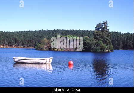 Alte Burgruine in Loch ein Eilein in der Nähe von Aviemore mit festgemachten Boot vor Stockfoto